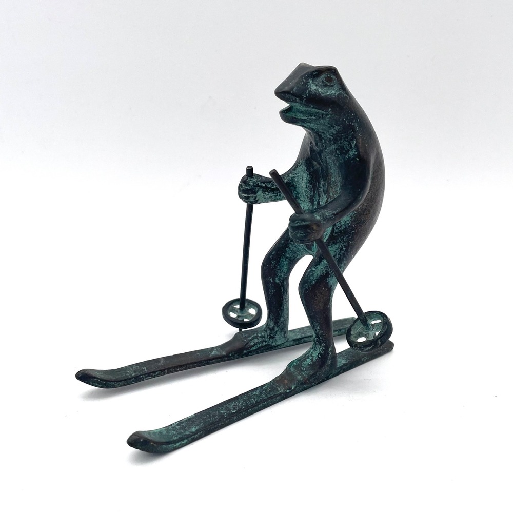 Unbranded Skiing Frog Figurine Iron Unisex OS Green Good Vintage Verdigris